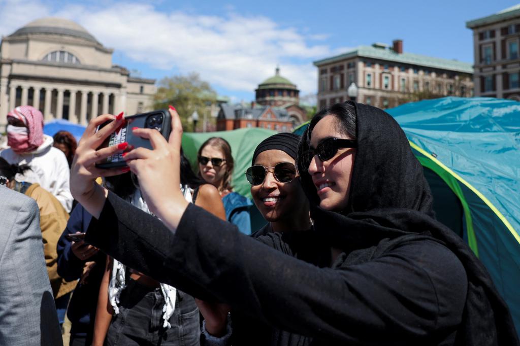 U.S. Democratic House Representative Ilhan Omar visiting the student protest encampment at Columbia University amidst ongoing conflict between Israel and Palestine