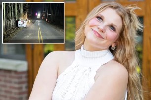 Composite of a smiling woman looking up, with a smashed car inset.