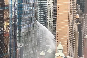 Massive explosions of water could be seen shooting out of a Hell’s Kitchen high-rise on April 4.