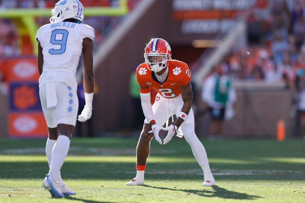 Clemson Tigers cornerback Nate Wiggins (2) lines up on defense during a college football game against the North Carolina Tar Heels on November 18, 2023 at Memorial Stadium in Clemson, South Carolina.