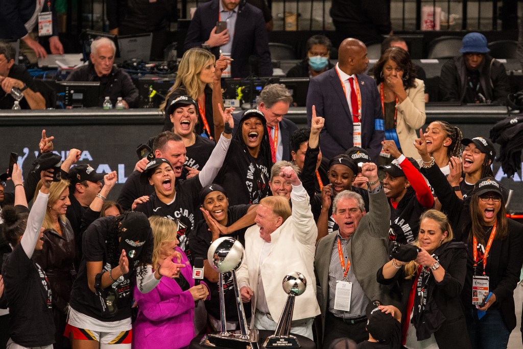 Las Vegas Aces celebrate after defeating the New York Liberty in game 4 of the 2023 WNBA Finals to win the championship.