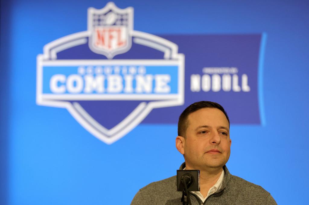 Director of scouting Eliot Wolf of the New England Patriot speaks to the media during the NFL Combine at the Indiana Convention Center on February 27, 2024 in Indianapolis, Indiana. 