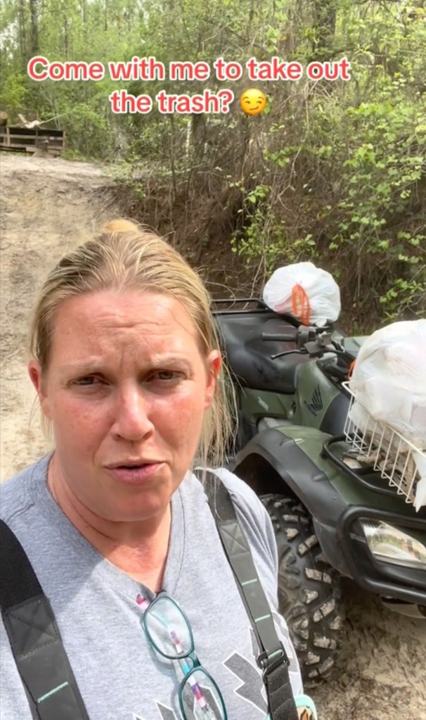 Once she reaches land, she takes an ATV to make the rest of the trip to the trashcan. 