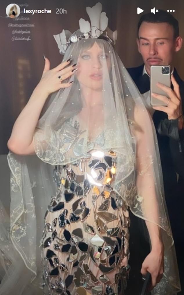 Ivy Getty in her mirror fragment dress designed by John Galliano at her San Francisco wedding