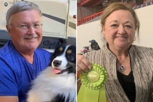 Gary Hoskins with a black and white dog, left, Carol Brinson, holding up a green contest winner ribbon