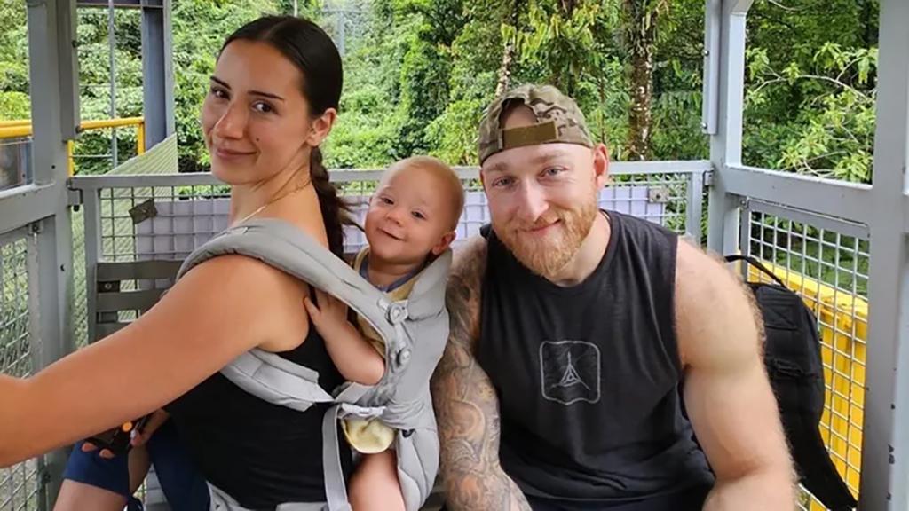 Sandy Leclerc, left, Jacob Flickinger, right, and their baby son, center 