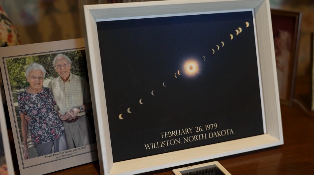 Frame photo of total eclipse in North Dakota in 1979 next to photo of Marion and LaVerne Biser