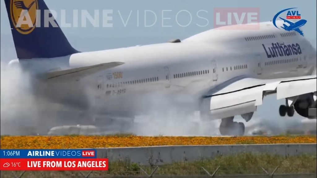 Dramatic video captured a Lufthansa Airlines Boeing 747 twice bouncing off the runway in California before aborting its landing and taking back to the skies.