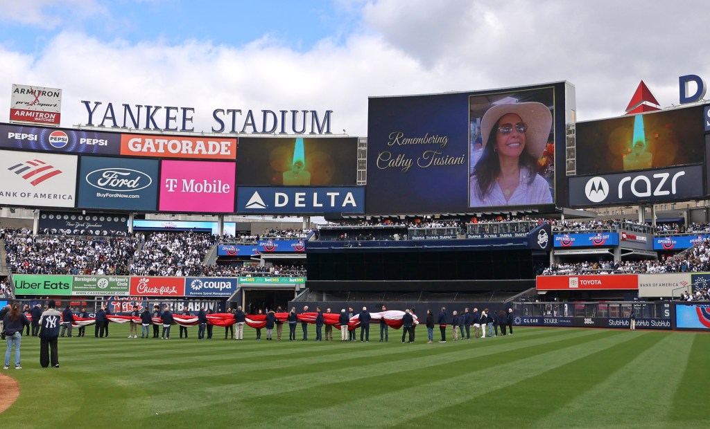 The Yankees honored the memory of Cathy Tusiani, the wife of the team's senior vice president of partnerships, Michael Tusiani, before the start of the game.