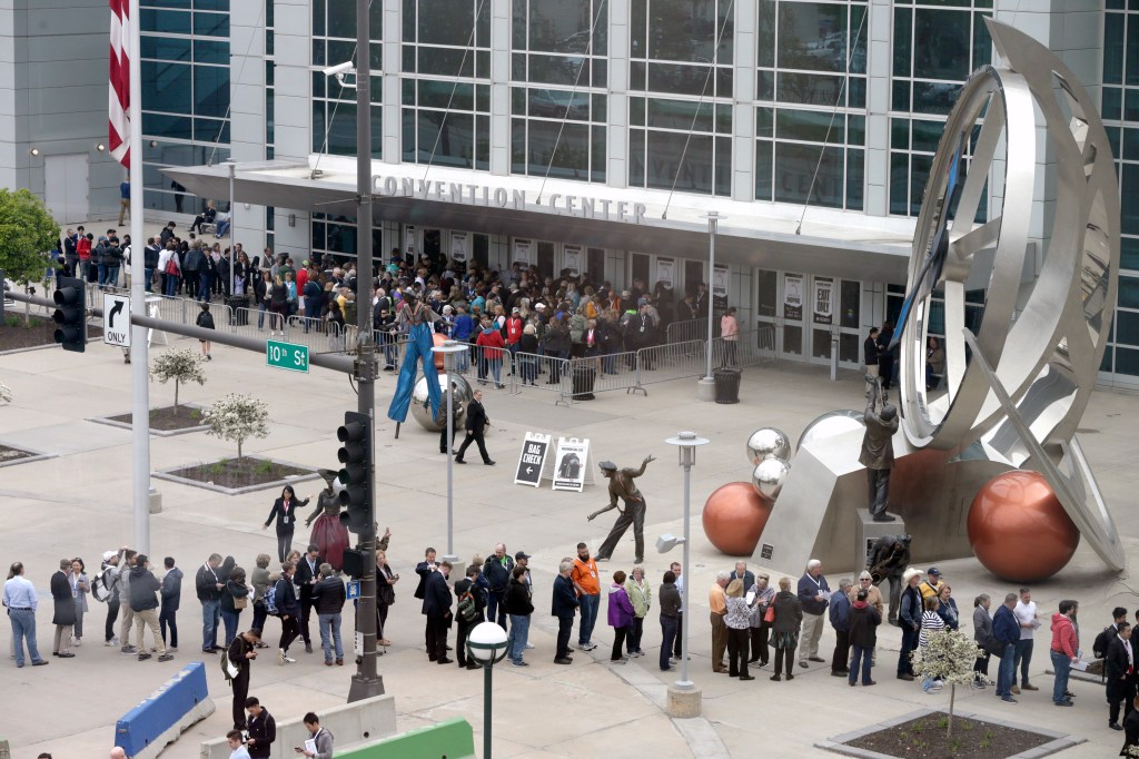 Berkshire Hathaway shareholders lining up outside CHI Health Center for a shopping event in Omaha, Nebraska, on May 3, 2019