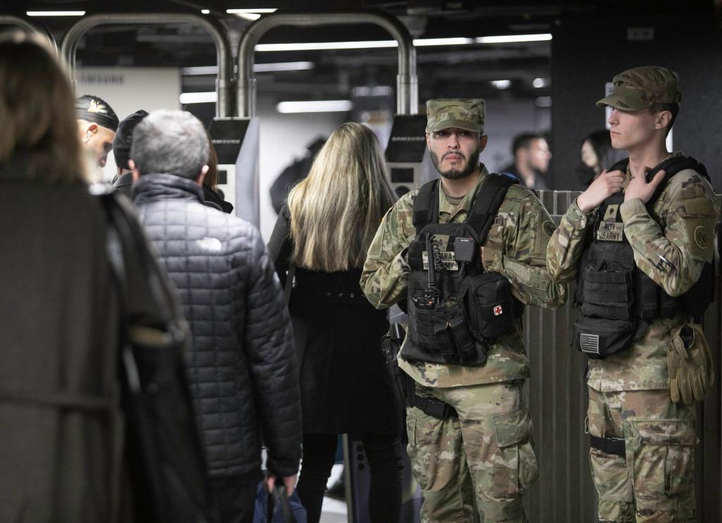 MTA PD, alongside the NYPD, National Guard, and NYS Troopers, conduct random bag checks at Grand Central Station at the 4,5,6 subway line, in Manhattan, NY on March 13, 2024,