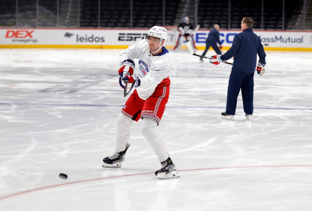 Rangers Filip Chytil is seen shooting a puck during a optional morning skate at Capital One Arena in Washington, DC, USA, April 27, 2024. 