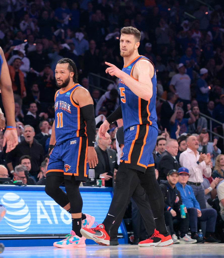 New York Knicks center Isaiah Hartenstein #55 reacting during the first quarter of the 2024 NBA Playoffs 2nd round game against Indiana Pacers at Madison Square Garden.