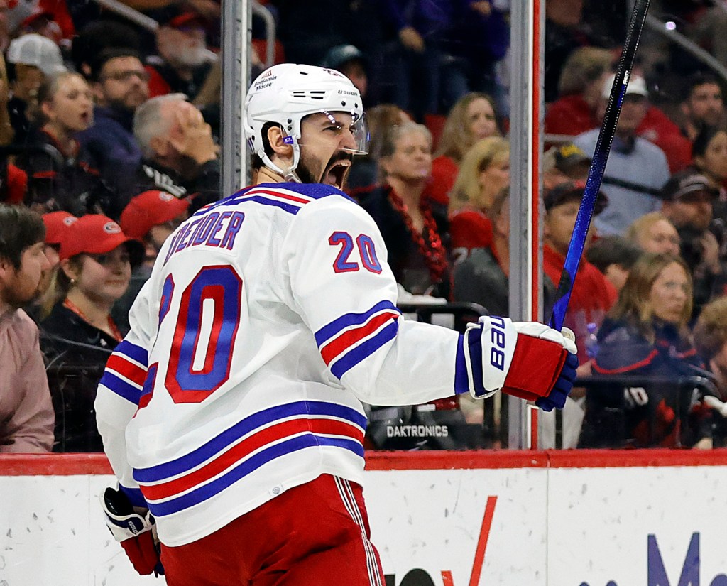 New York Rangers left winger Chris Kreider celebrates his goal during the third period against the Carolina Hurricanes in Game Six of the Second Round of the 2024 Stanley Cup Playoffs at PNC Arena on May 16, 2024