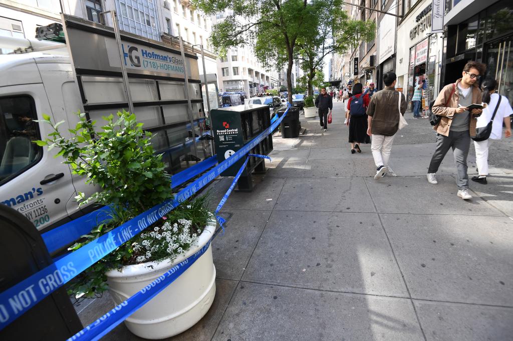 The scene on Fifth Avenue, where a man was shot with a Gel Blaster pellet gun, then beaten by three suspects Monday morning. 