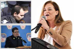 composite image: upper left, a grieving firefighter hugs another at a funeral, lower left kansfield in uniform speaks into a microphone at a podium with the fdny logo on the wall behind her; Right, kavanagh in a white top and brown jacket speaks into a microphone at a podium