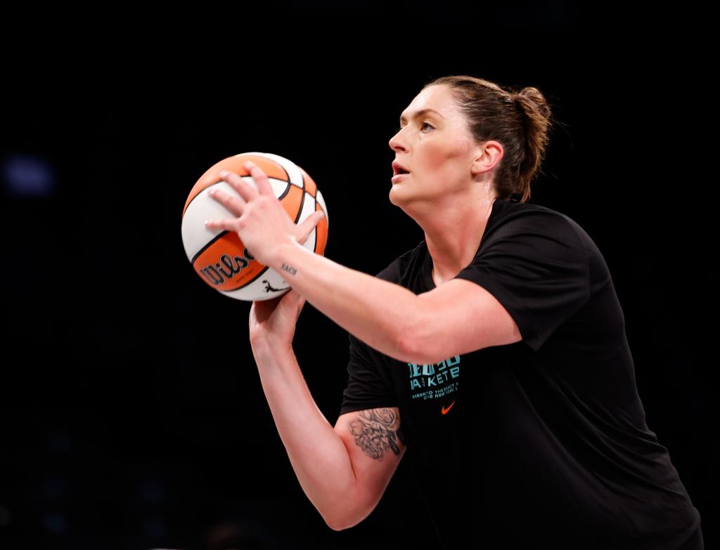Stefanie Dolson #31 warms up prior to game against the Connecticut Sun in Game 1, Round 2-the Semifinals, of the 2023 WNBA Playoffs at Barclays Center.