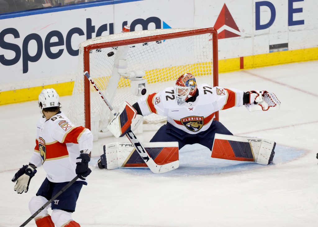 Artemi Panarin #10 of the New York Rangers scores a goal pass Sergei Bobrovsky #72 of the Florida Panthers