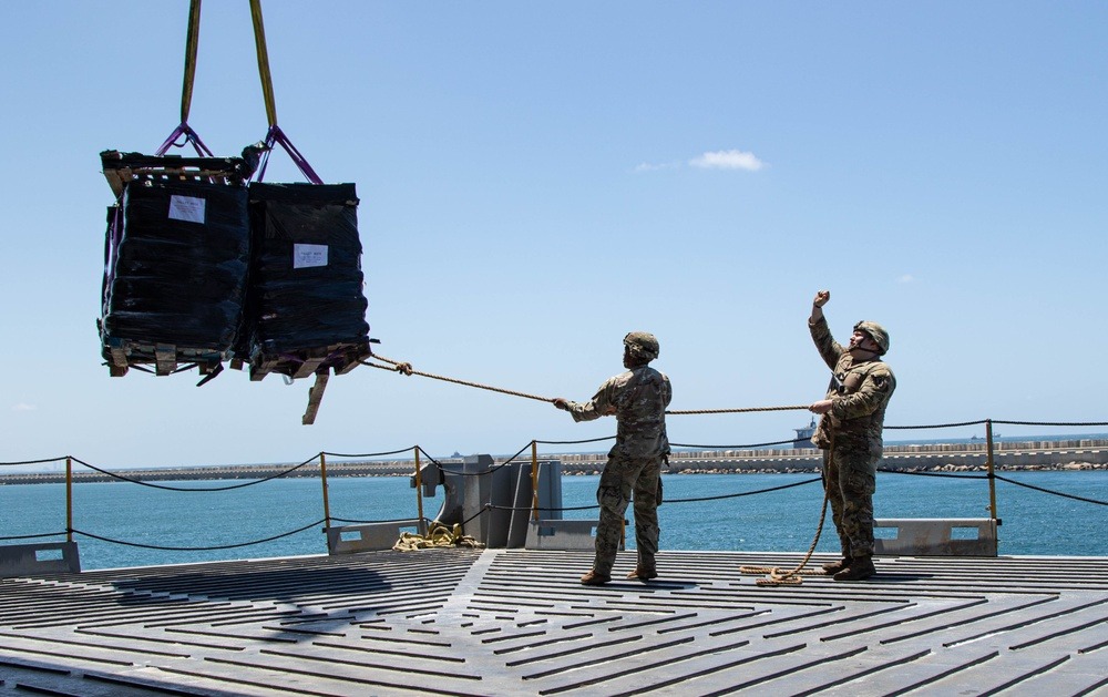 Soldiers with the 7th Transportation Brigade (Expeditionary) are supporting the construction of the Joint Logistics Over-the-Shore system off the shore of Gaza.