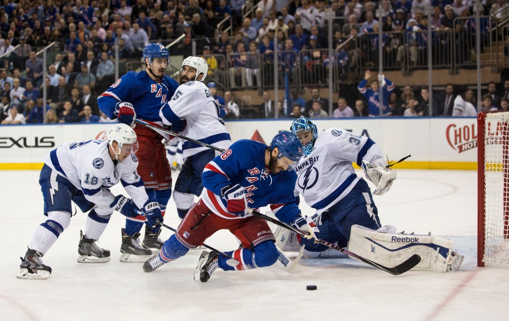 Ben Bishop #30 of the Tampa Bay Lightning makes a great save in goal as the Rangers loose 2-0. Friday, May 29, 2015.