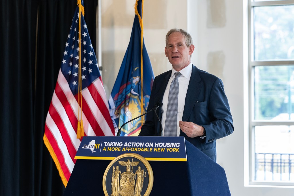 Metropolitan Transit Authority (MTA) Chair and CEO Janno Lieber speaks during Governor Kathy Hochul announcement of completion of Avalon Harrison near Metro-North station with 143 affordable units and easy access to trains at Avalon Harrison Transit-Oriented Development.