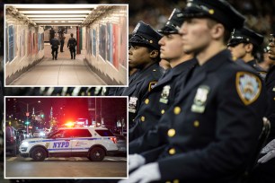 A composite photo of cops at a robbery scene on West 4th Street; officers at a graduation ceremony and a police car responding to a job.