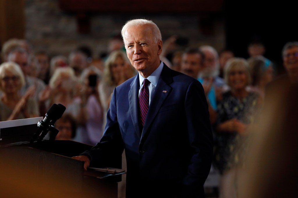 Former Vice President Joe Biden speaking at a community event in Burlington, Iowa, on August 7, 2019