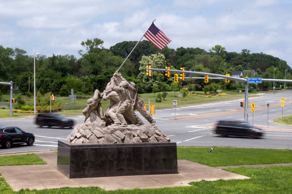 Near the entrance to Quantico Marine Corps Base is a smaller statue of the Iwo Jima Memorial