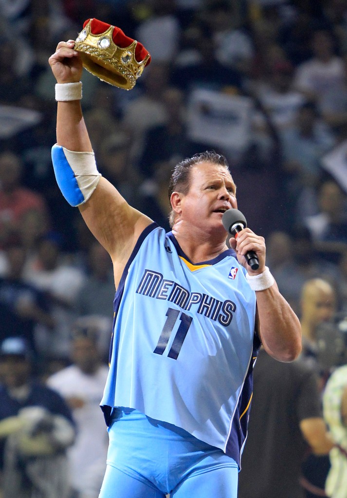 Jerry Lawler gesturing to fans before the start of Game 3 of a first-round NBA basketball series between the Memphis Grizzlies and the San Antonio Spurs, in Memphis, Tenn in 2011.
