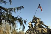 Statue of soldiers raising a flag at the entrance to Quantico Marine Corps Base in memory of Iwo Jima