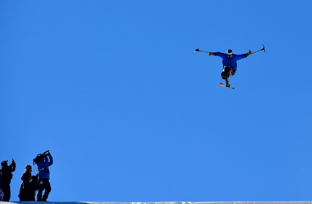 Adaptive athlete Trevor Kennison making a historic jump on his sit-ski at the X Games, Aspen, Colorado