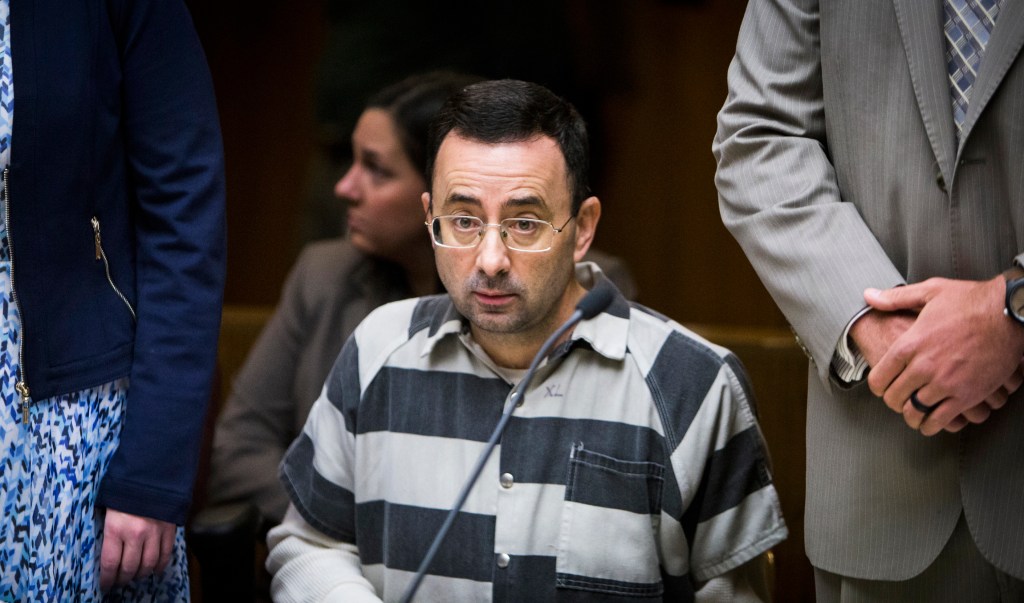 Larry Nassar listening at a court hearing