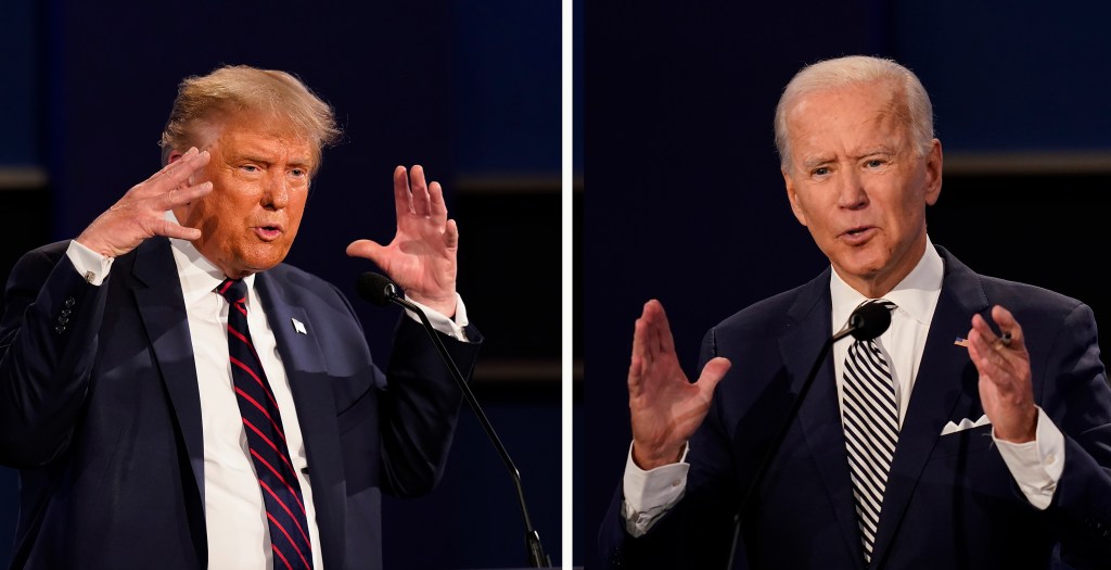 This combination of photos show President Donald Trump, left, and former Vice President Joe Biden during the first presidential debate on Sept. 29, 2020, in Cleveland, Ohio.