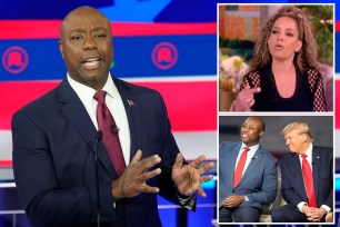 Sen. Tim Scott speaking at a Republican presidential primary debate in Miami, with a contemplative expression, discussing the 2020 election certification