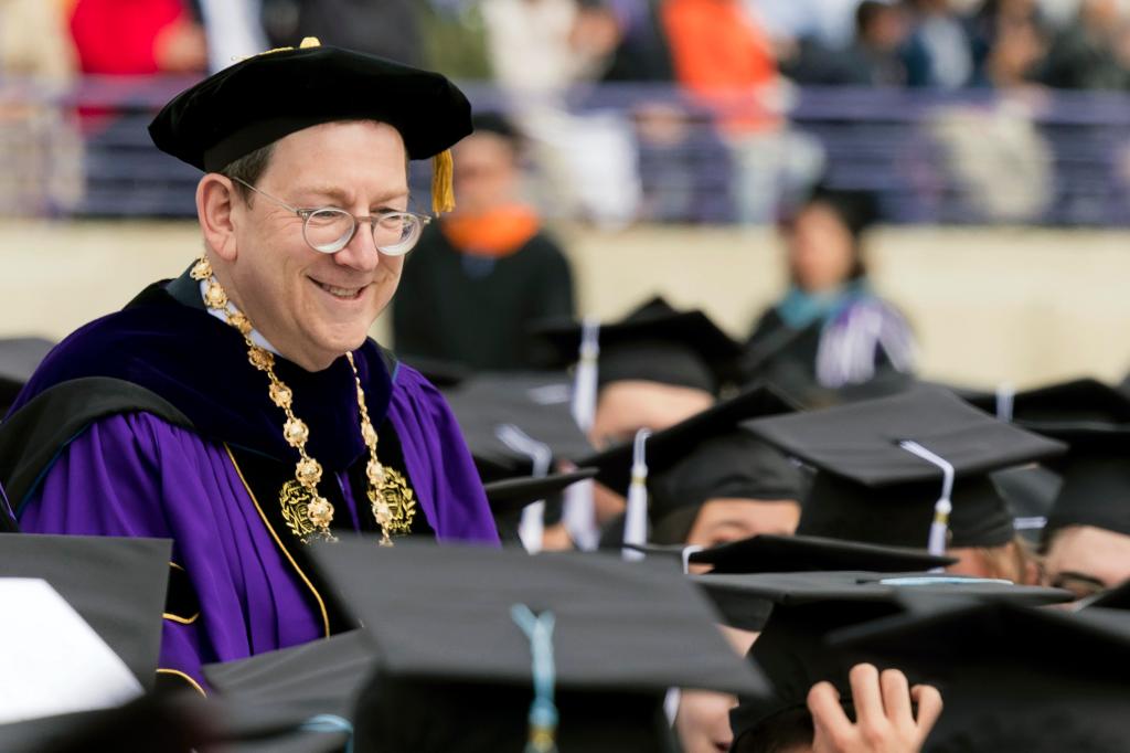 Michael Schill, President of Northwestern University, attends the 156th annual commencement ceremony at Ryan Field Stadium at Northwestern University in Evanston, Ill., Monday, June 12, 2023.