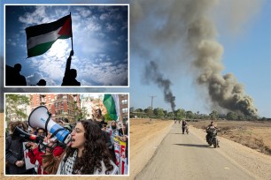 Person holding up Palestinian flag with blue skies in the background, top left; pro-Palestine student demonstrator talking into megaphone, bottom left; at right, smoke seen billowing alongside road where men ride motorcycles following Oct. 7 attacks on Israel.