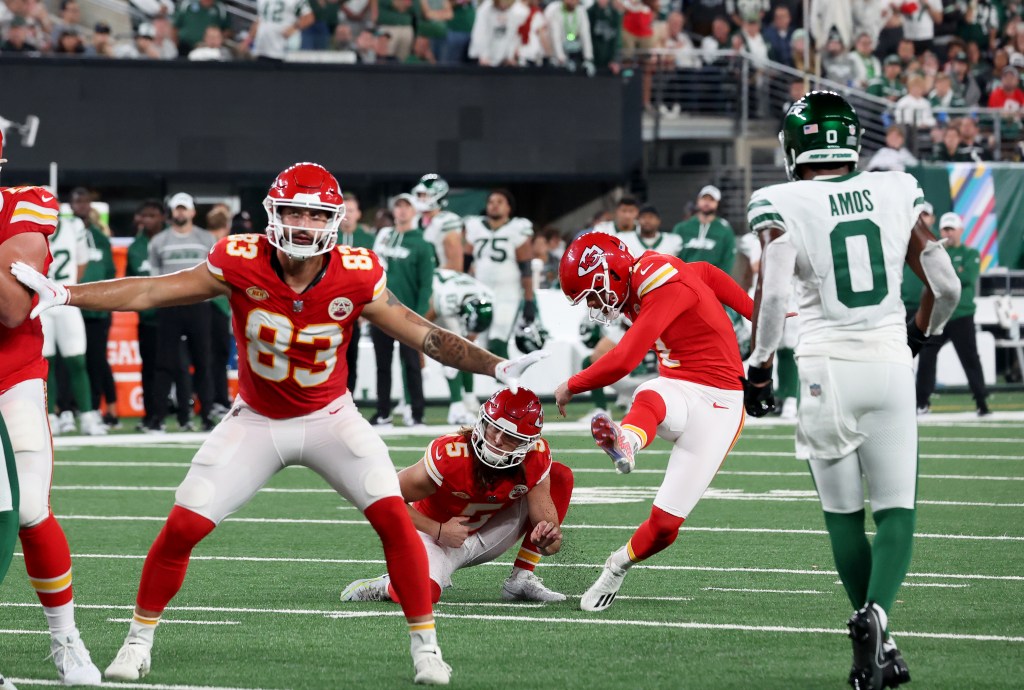 Kansas City Chiefs place kicker Harrison Butker (7) kicks a field goal to give the Chiefs the lead during the fourth quarter when the New York Jets played the Kansas City Chiefs Sunday, October 1, 2023 at MetLife Stadium in East Rutherford, NJ.