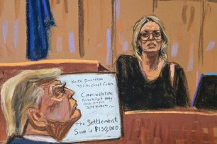 Former U.S. President Donald Trump watches as Stormy Daniels is questioned by prosecutor Susan Hoffinger during Trump's criminal trial