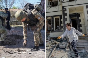 A police officer wearing a camouflage uniform examines fragments of a guided bomb after the Russian air raid in Kharkiv, Ukraine, on April 30.