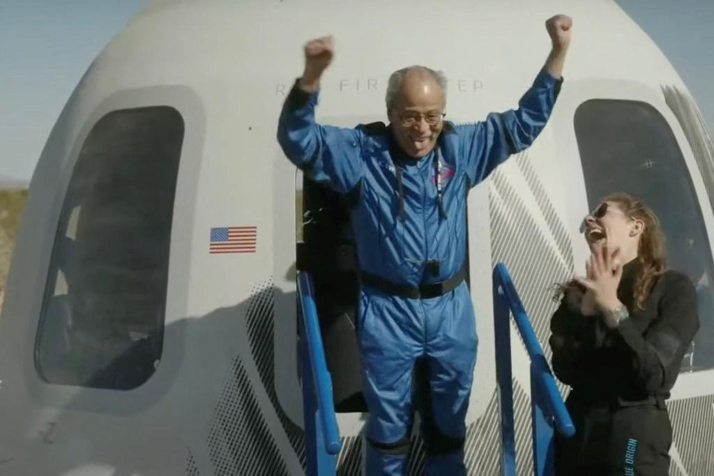 Dwight celebrating after landing at the Blue Origin base near Van Horn, Texas after the space trip on May 19, 2024.