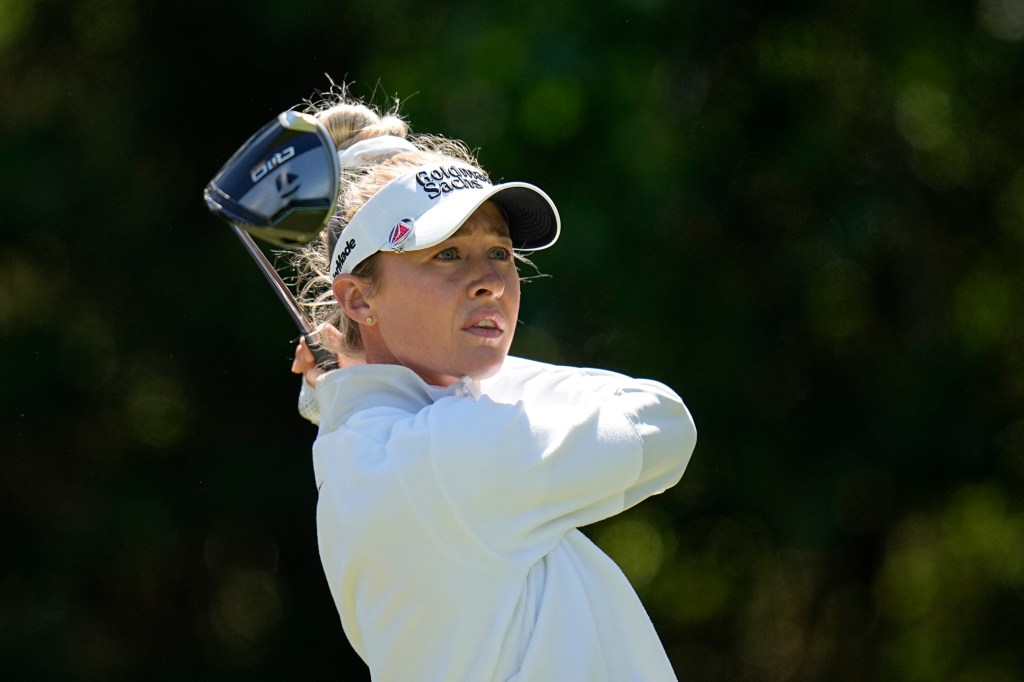 Nelly Korda watches her shot during the final round of the Chevron Championship LPGA golf tournament Sunday, April 21, 2024,