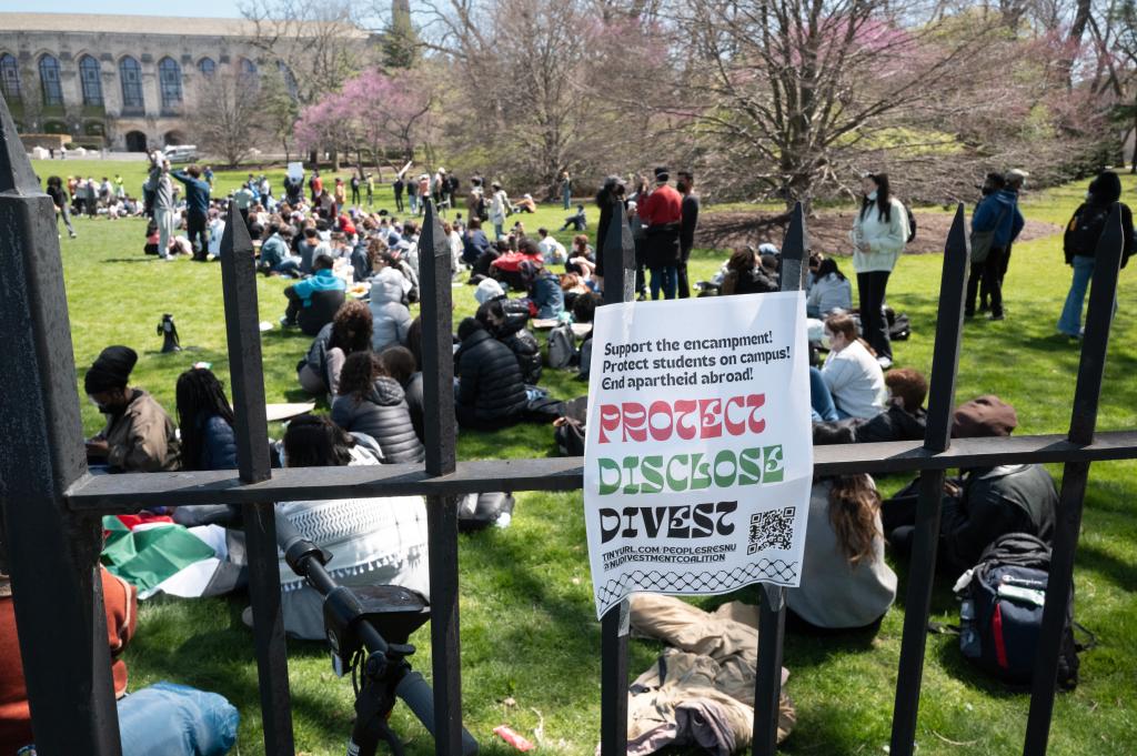 Students gather to show support for the people of Gaza on the campus of Northwestern University on April 25, 2024 in Evanston, Illinois.