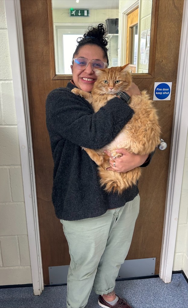 Jenna Joshi holding Moses, the overweight cat, during a hydrotherapy session at Avonvale Veterinary Centres in Wellesbourne
