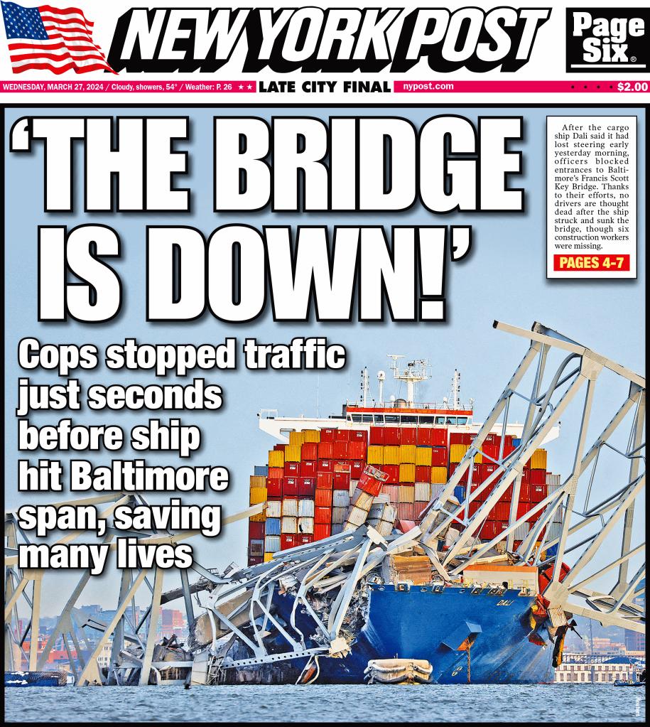 NY Post cover 'The bridge is down!'