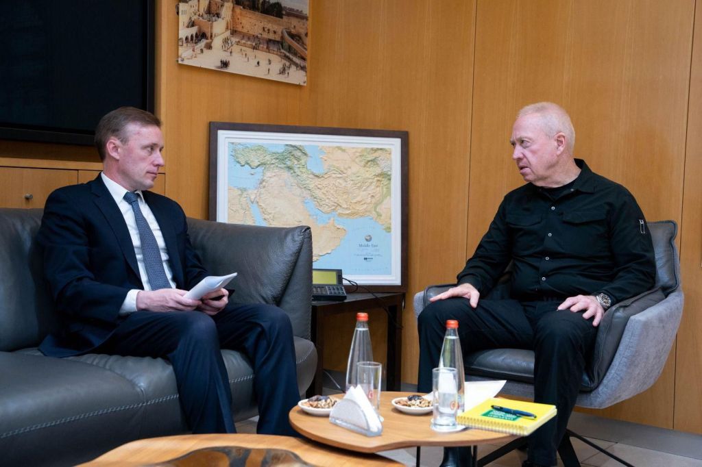 A handout photo made available by Israel's Government Press Office (GPO) shows Israel's Defense Minister Yoav Gallant (R) with US National Security Advisor Jake Sullivan during a meeting at the Ministry of Defense Headquarters in Tel Aviv, Israel, 20 May 2024.