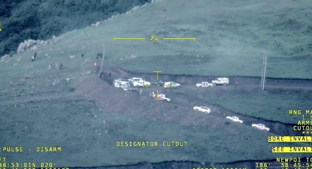 An aerial view of the helivopter wreckage site taken by a Unmanned Aerial Vehicle on May 20, 2024.