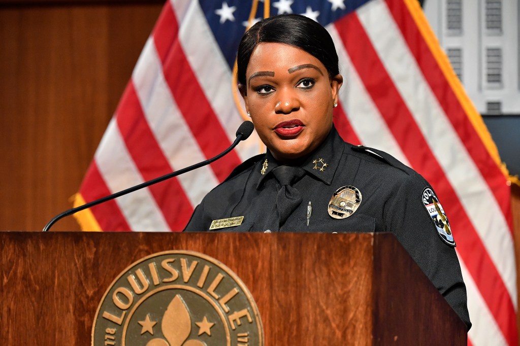 Louisville Metro Police Chief Jacquelyn Gwinn-Villaroel speaks to reporter during a press conference Thursday, May 23, 2024, in Louisville, Ky., regarding the arrest of PGA golfer Scottie Scheffler. 