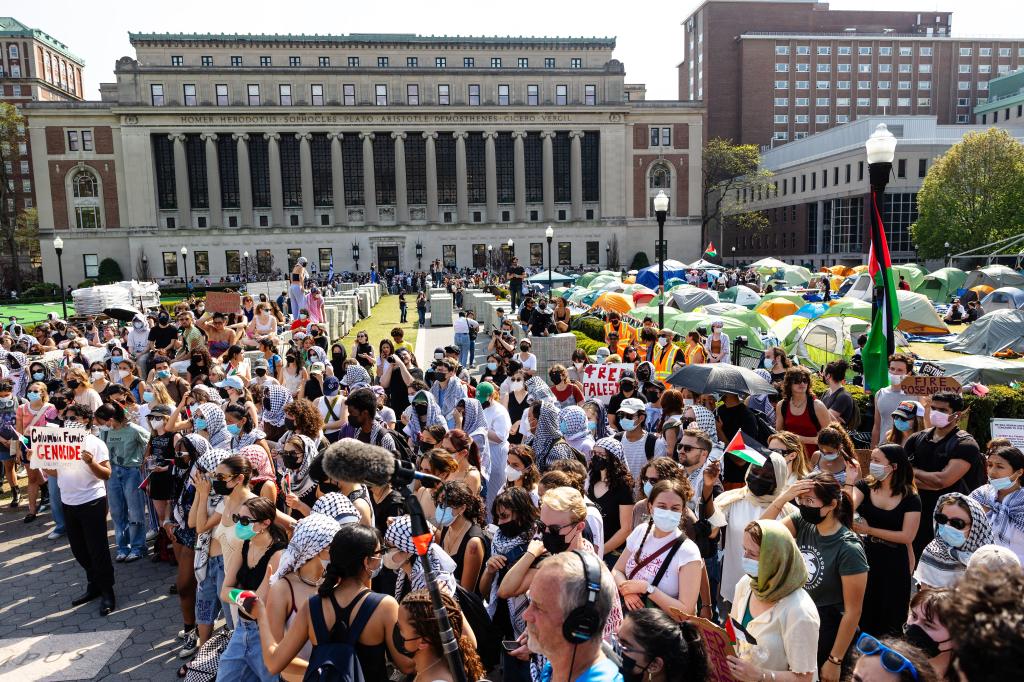 Pro-Palestinian demonstrators hold a short rally after marching around the "Gaza Solidarity Encampment" in the West Lawn of Columbia University on April 29, 2024 in New York City. 