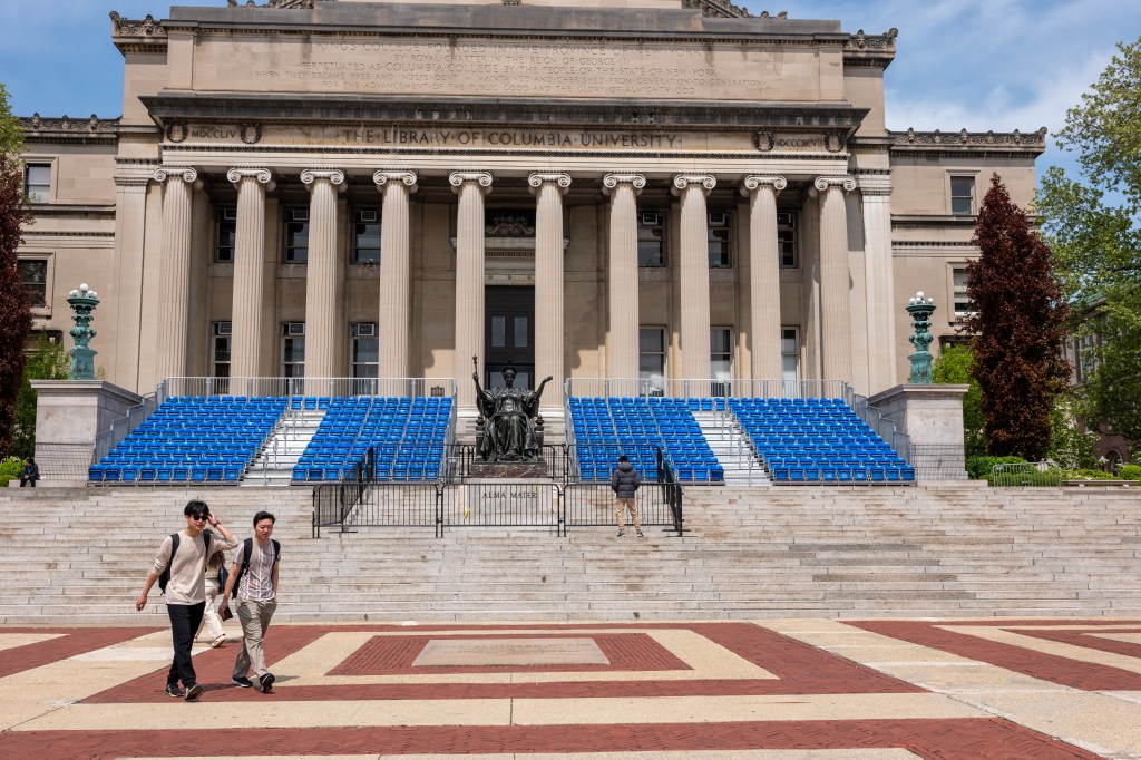 Seats for commencement exercises, now cancelled, are set up at the main campus of Columbia University on May 06, 2024 in New York City. 