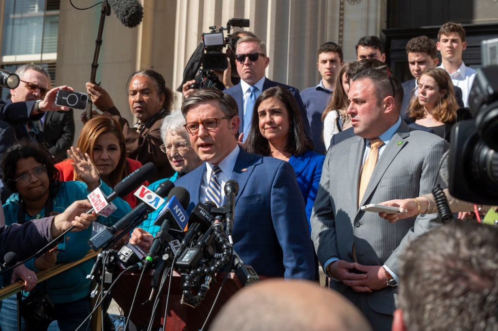 Speaker Johnson Delivers Remarks On Antisemitism At Columbia University. April 24, 2024, New York, New York, USA: Speaker of the House Mike Johnson (R-LA) speaks during a press conference at Columbia University on April 24, 2024 in New York City.